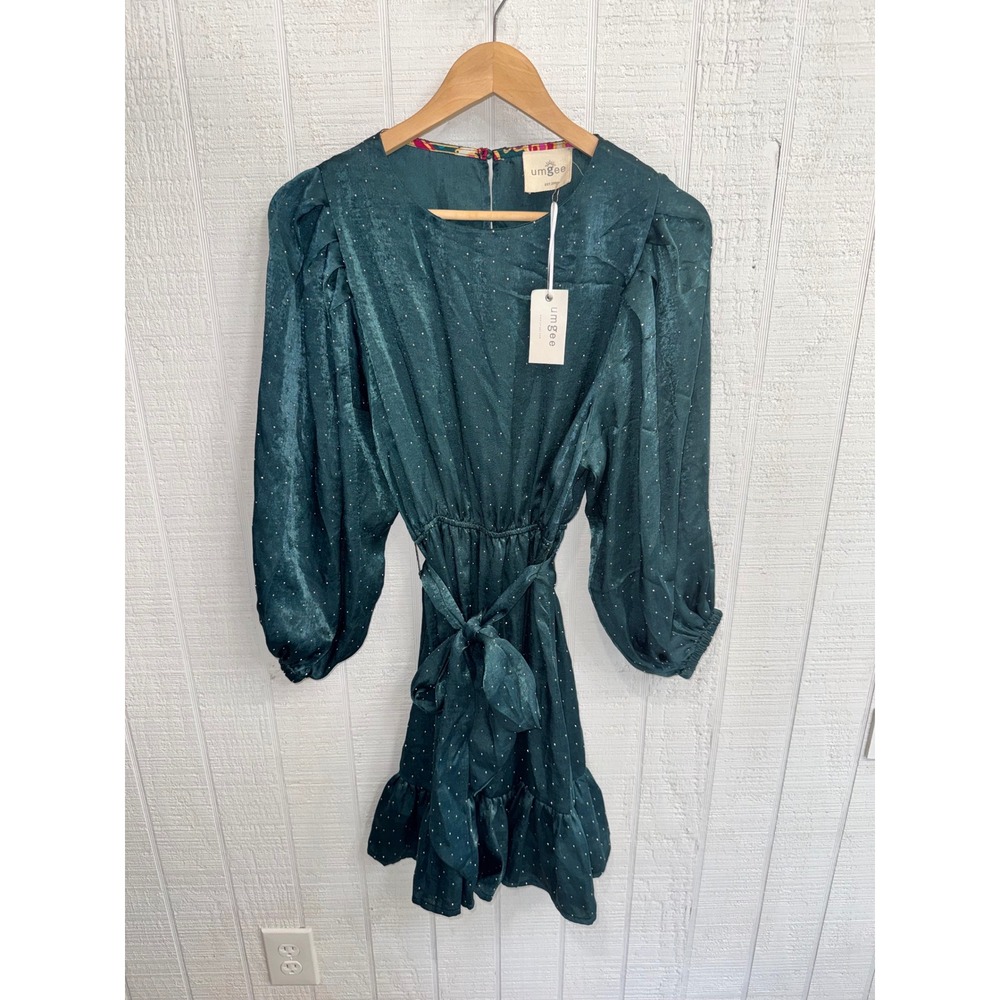 Umgee Dress Women Emerald Green Metallic Pin Dot Puff Sleeve Ruffle Mini NWT S